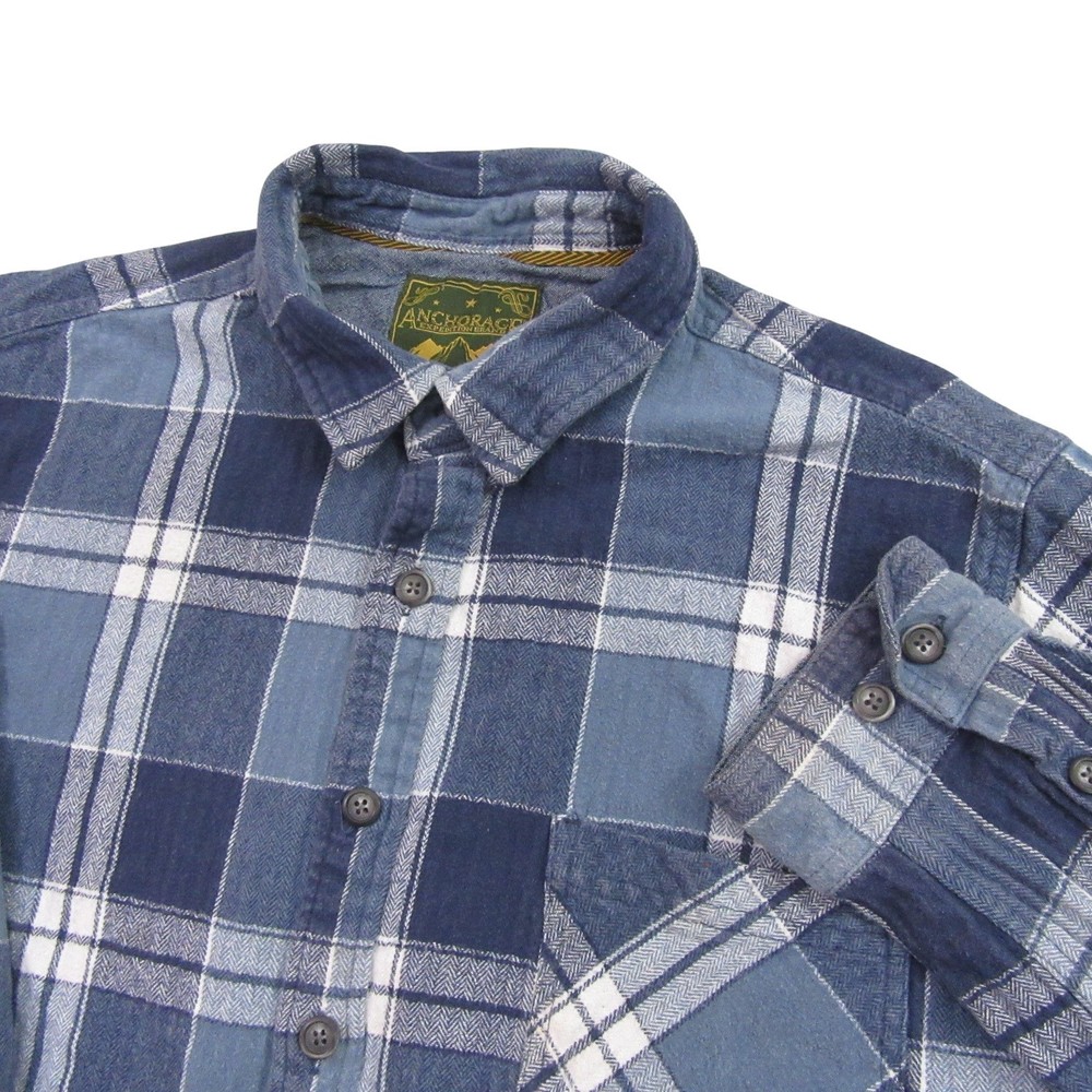 Anchorage Mens Flannel Shirt Fits XL (Labeled XXL) Blue Check Plaid